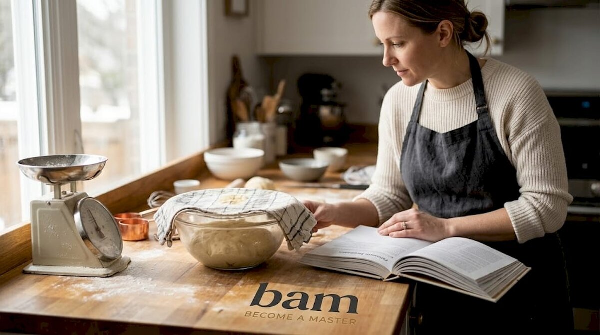 Baker referencing croissant recipe during prep