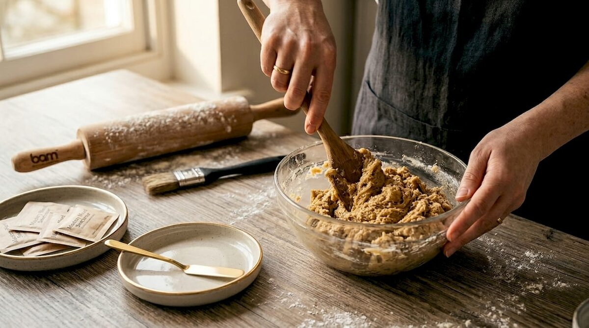 Mixing sugar substitute dough in kitchen