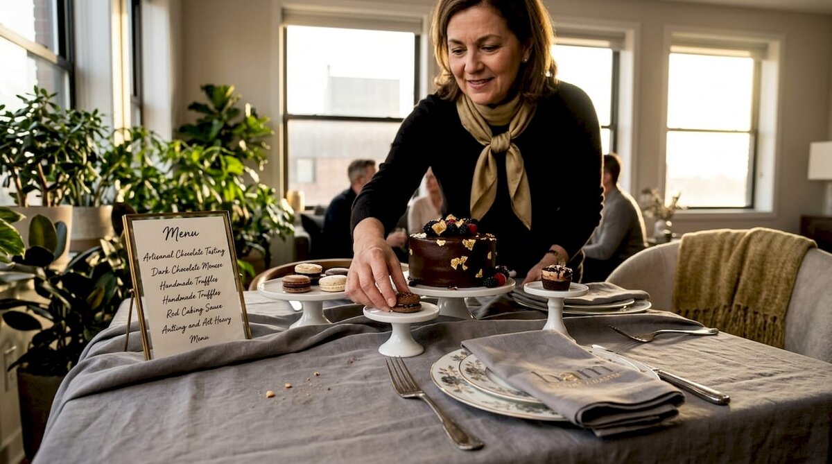 Host setting up decorated dessert table