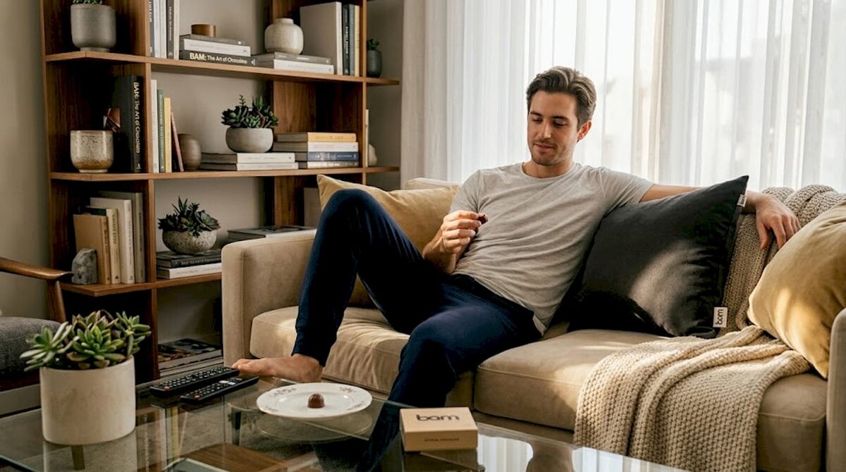 Man eating sugar-free chocolate in casual living room