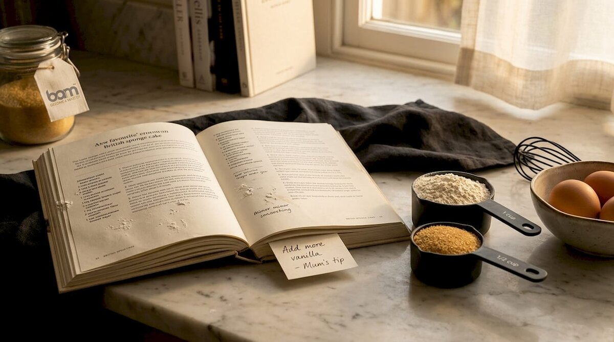 Open baking cookbook with ingredients nearby