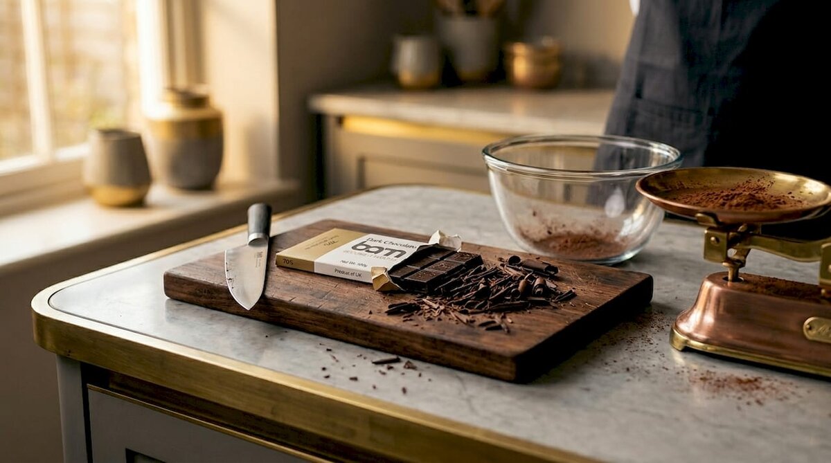 Dark chocolate being chopped for dessert