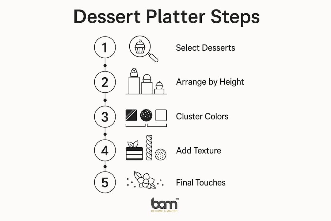 Infographic illustrating 5 steps to assemble a dessert platter