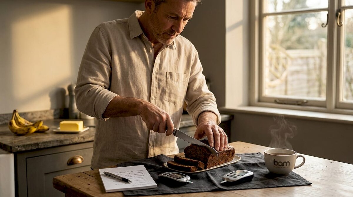 Man slicing bread, glucose meter by side