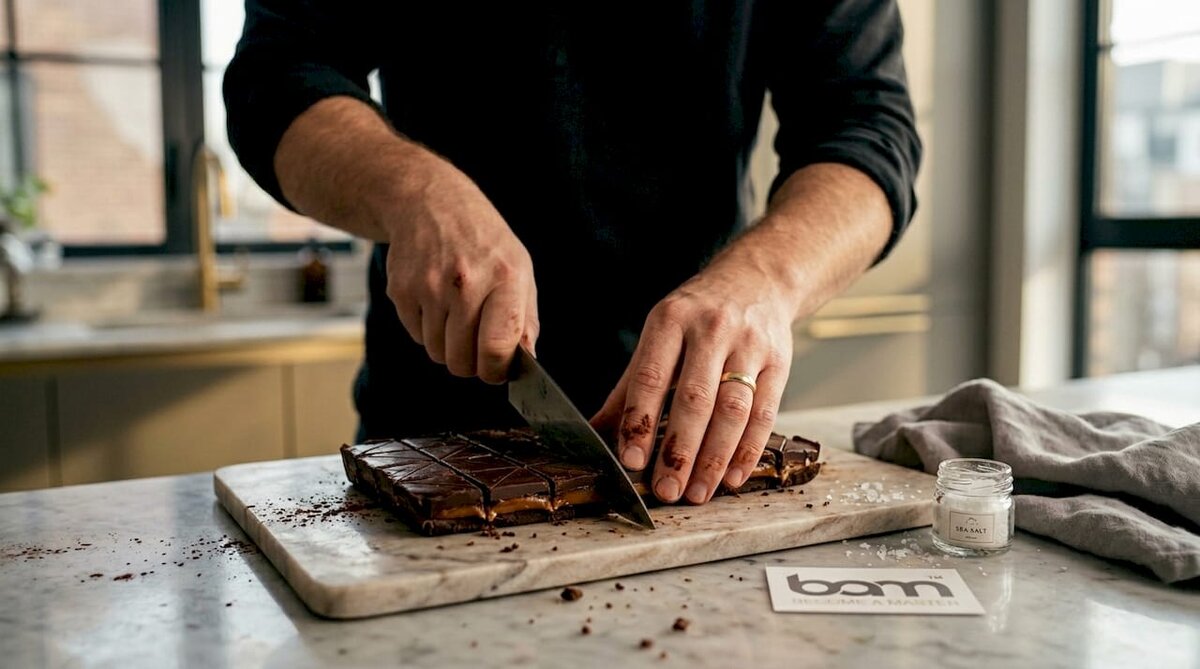Slicing chocolate bars into squares for serving