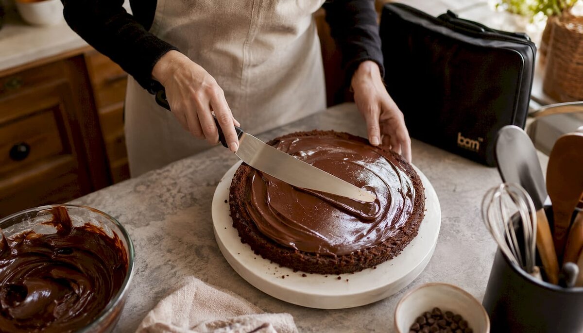 Close-up hands spreading ganache on cake layer