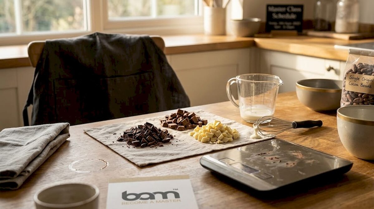 Three chocolate types and ganache tools on counter