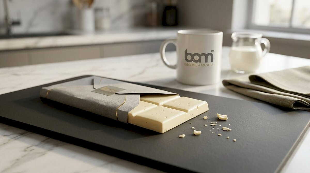 Closeup of white chocolate bar on board