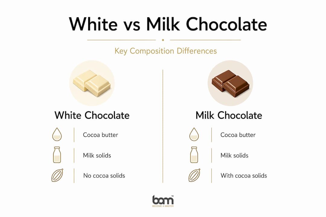 Infographic contrasting white and milk chocolate ingredients