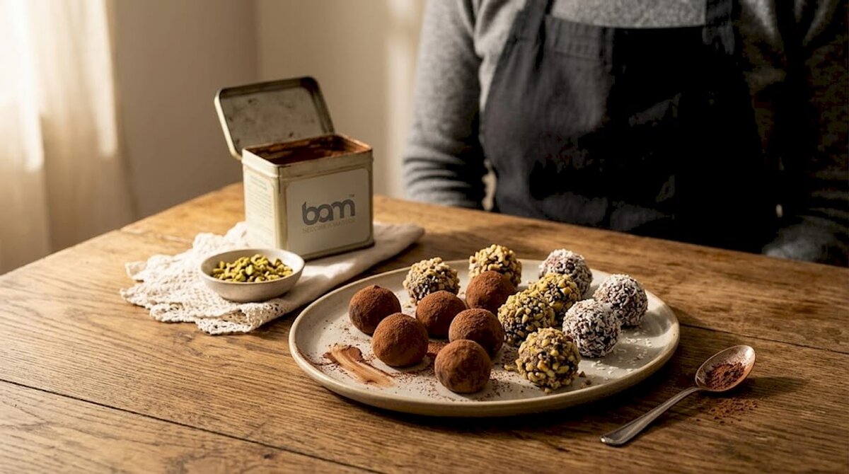 Assorted chocolate truffles with cocoa and nuts