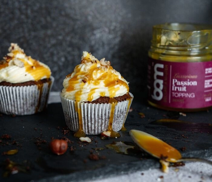 chocolate muffins with passion fruit topping