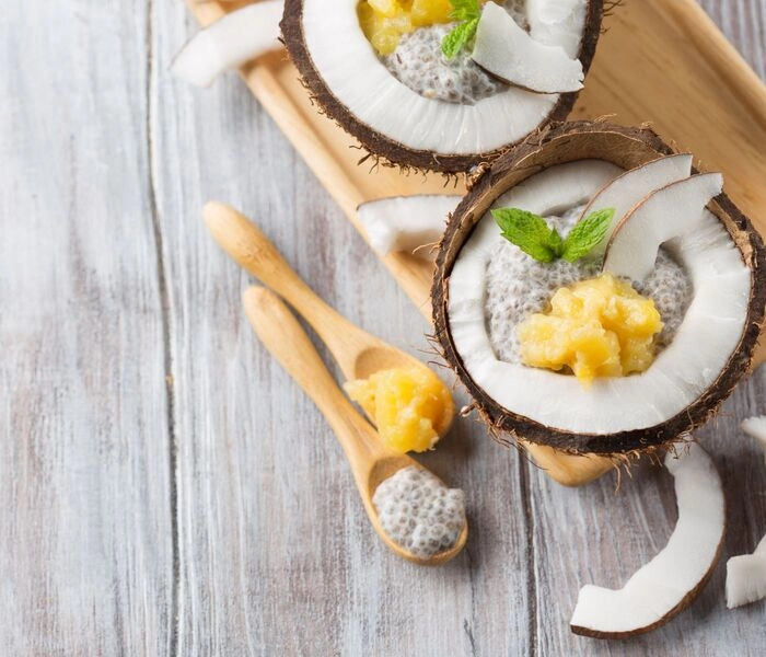 coconut chia pudding with mango