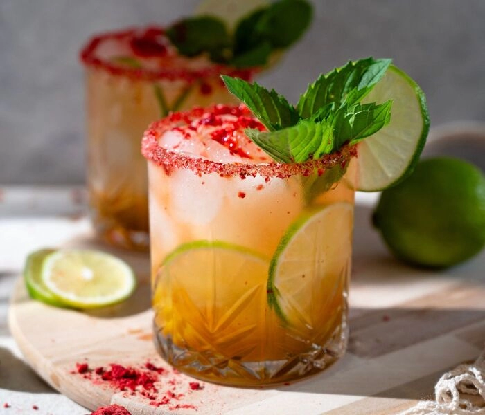 mango mocktail with freeze-dried strawberries
