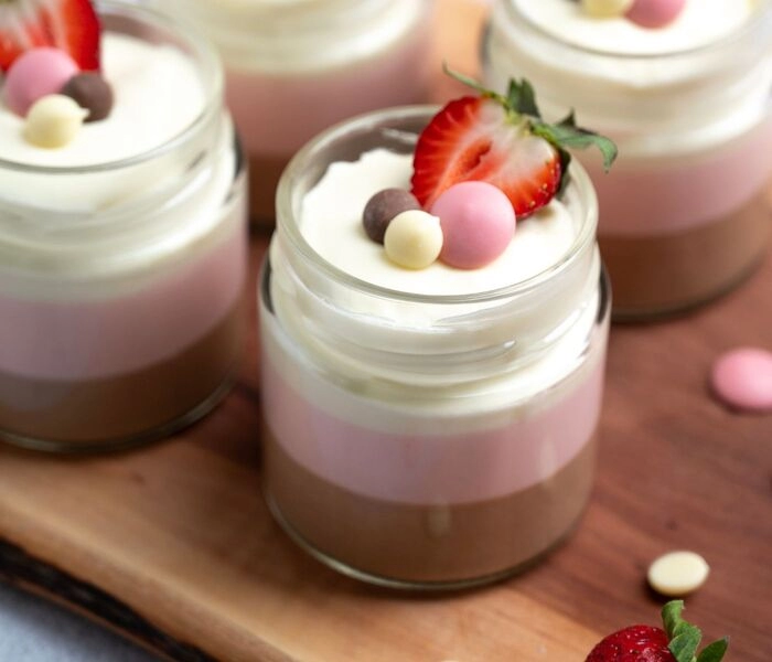 tricolor chocolate mousse in a jar